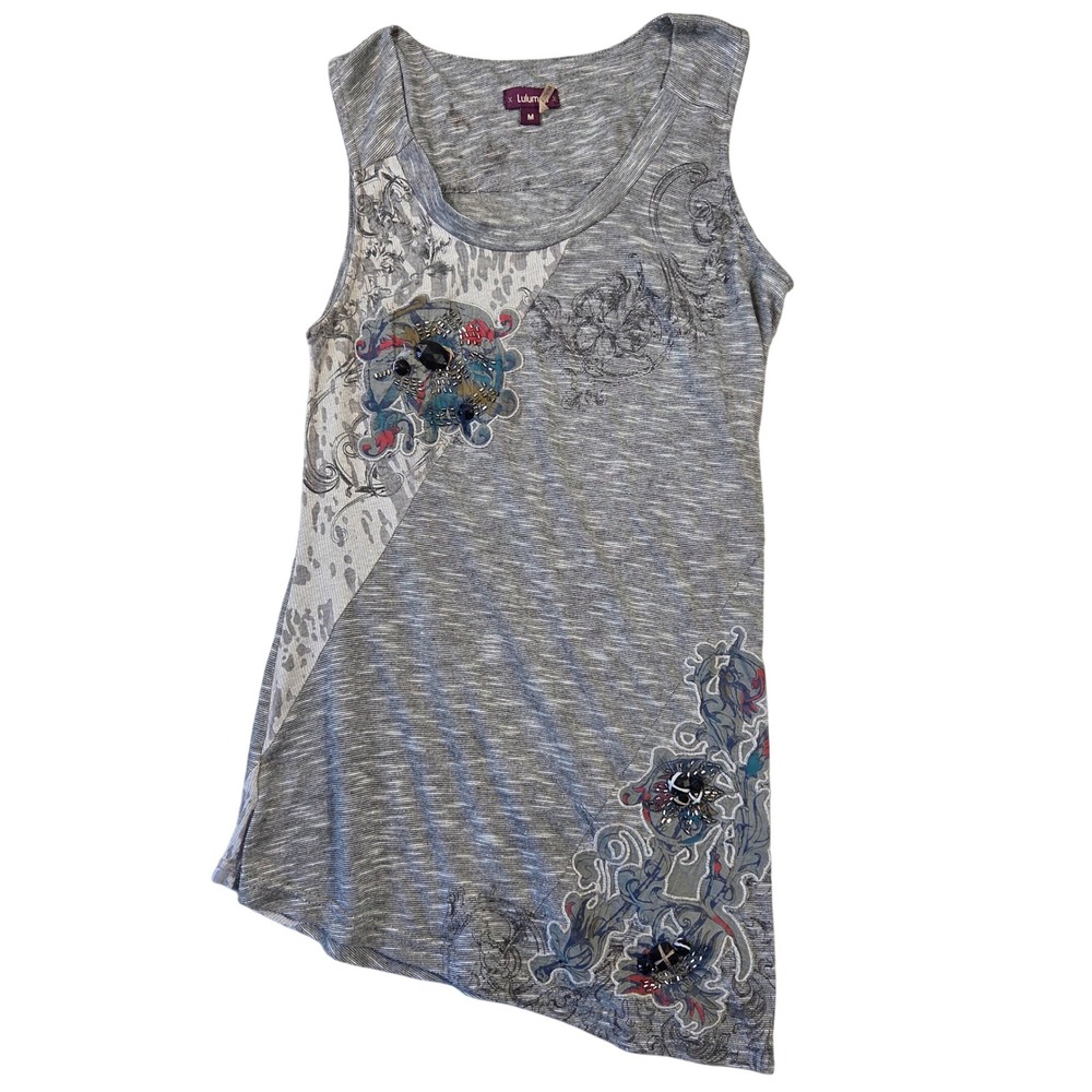 Lulumari Womens Dye Asymmetrical Beaded Floral Tank Top Size M Boho Summer Y2k